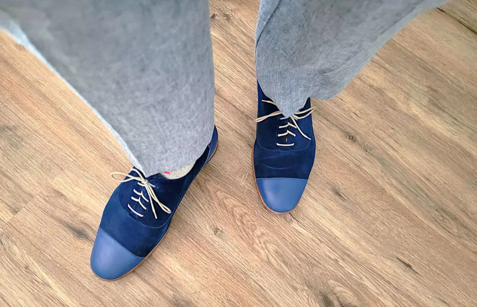 Blue velour oxfords, Leather toe and heel oxfords, Micro-rubber sole oxfords, Calf leather lining oxfords, Men's dress shoes, Blue velour oxfords for men, Leather toe and heel oxfords for men