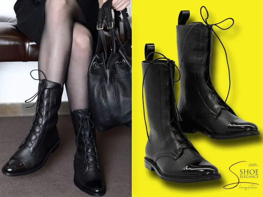 A composite image showing black leather lace-up boots with patent leather toecaps. On the left, a woman wears the boots with a black handbag, and on the right, the boots are shown on a bright yellow background.