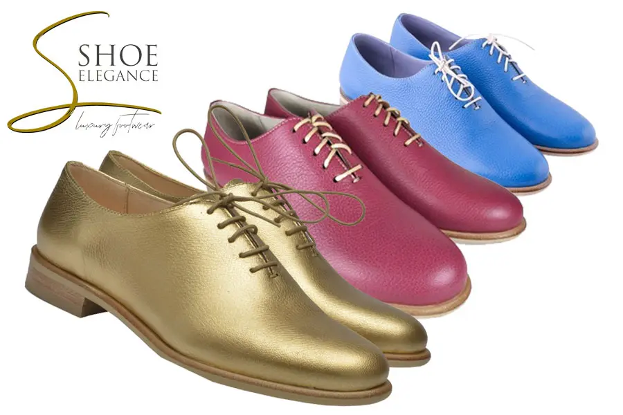 A photo showing three pairs of women's leather wholecut oxfords: a metallic gold pair in the foreground, followed by magenta and periwinkle blue pairs, with the Shoe Elegance logo in the top corner.