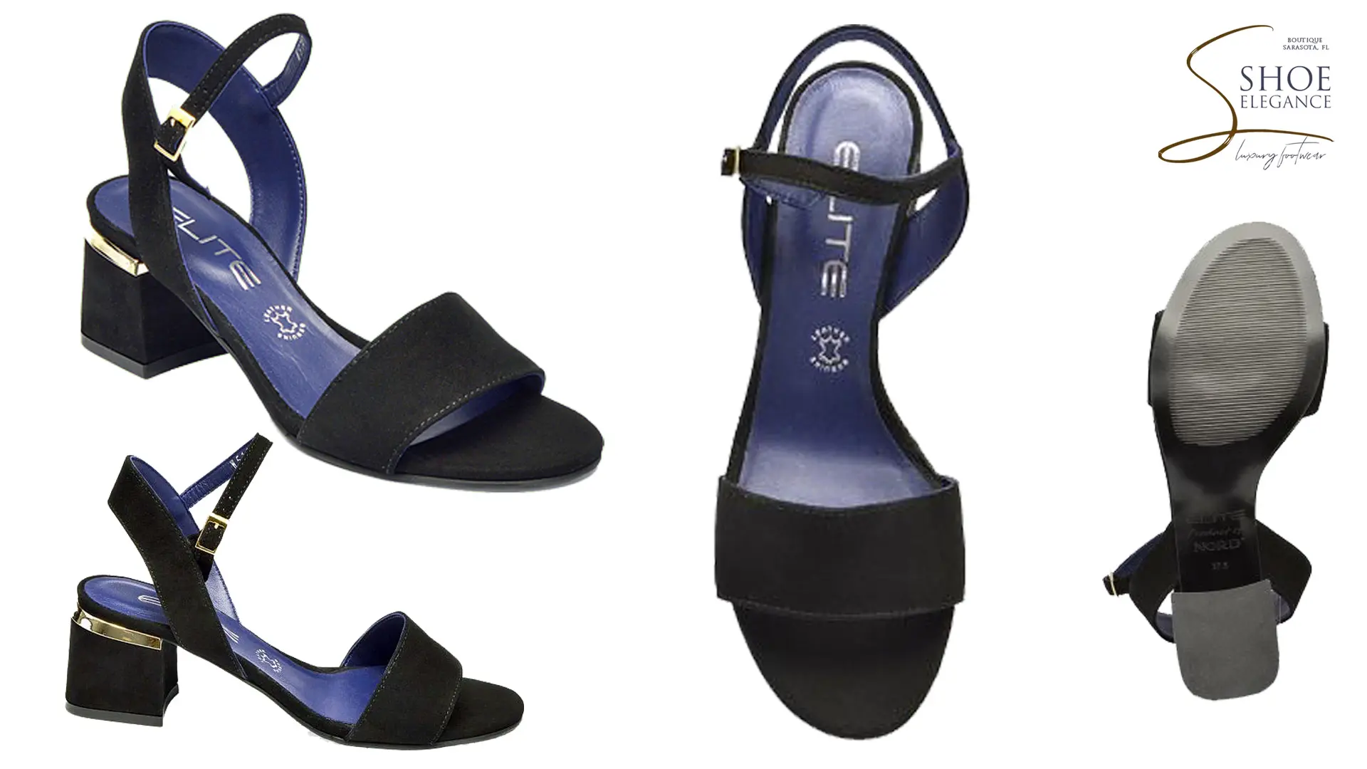 A black suede heeled sandal featuring a chunky block heel with a gold metallic accent, a toe strap, and an ankle strap. The insole is bright blue.